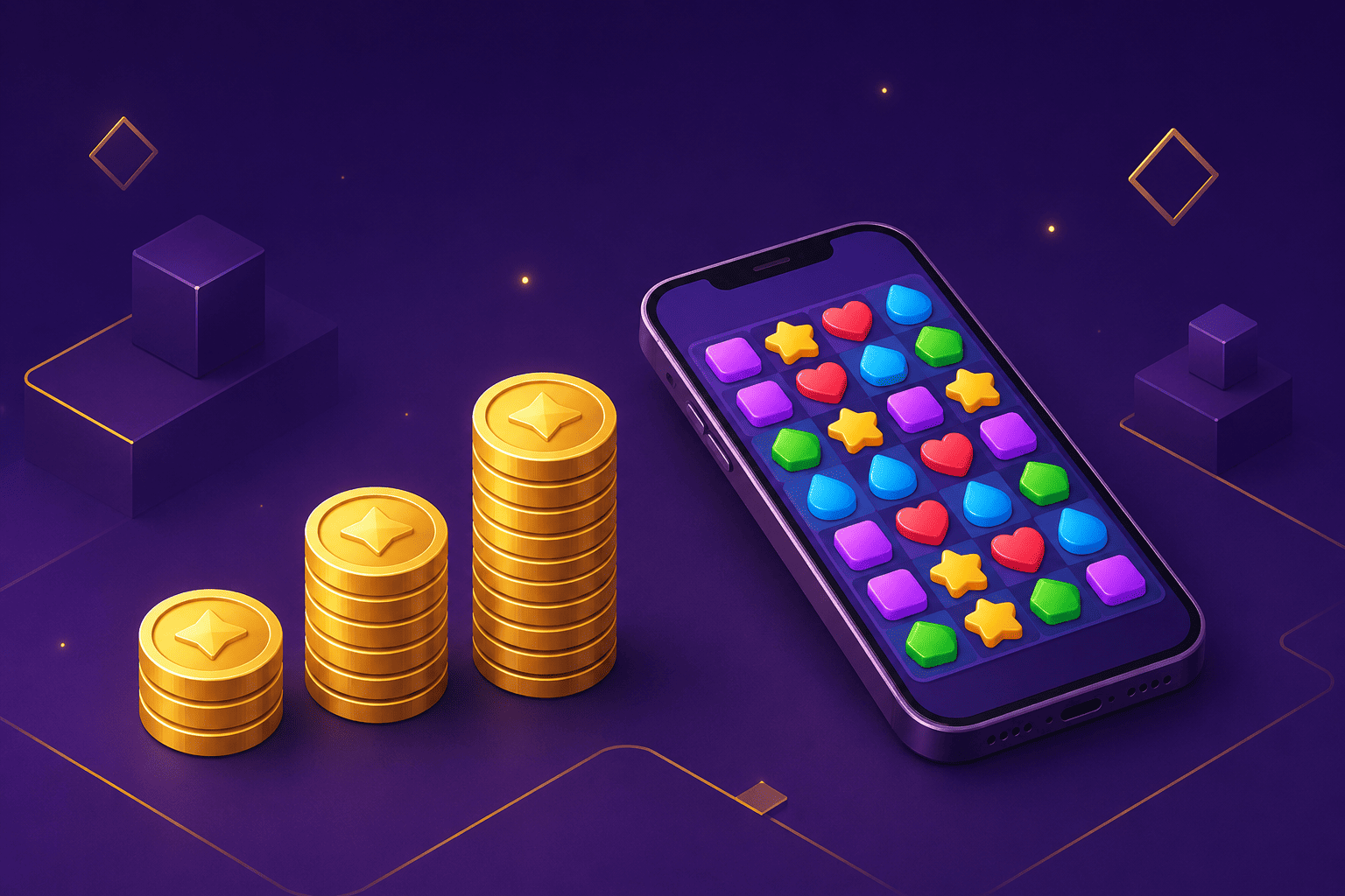 Growing stacks of gold coins beside a phone running a match-3 board — the return on match-3 development investment